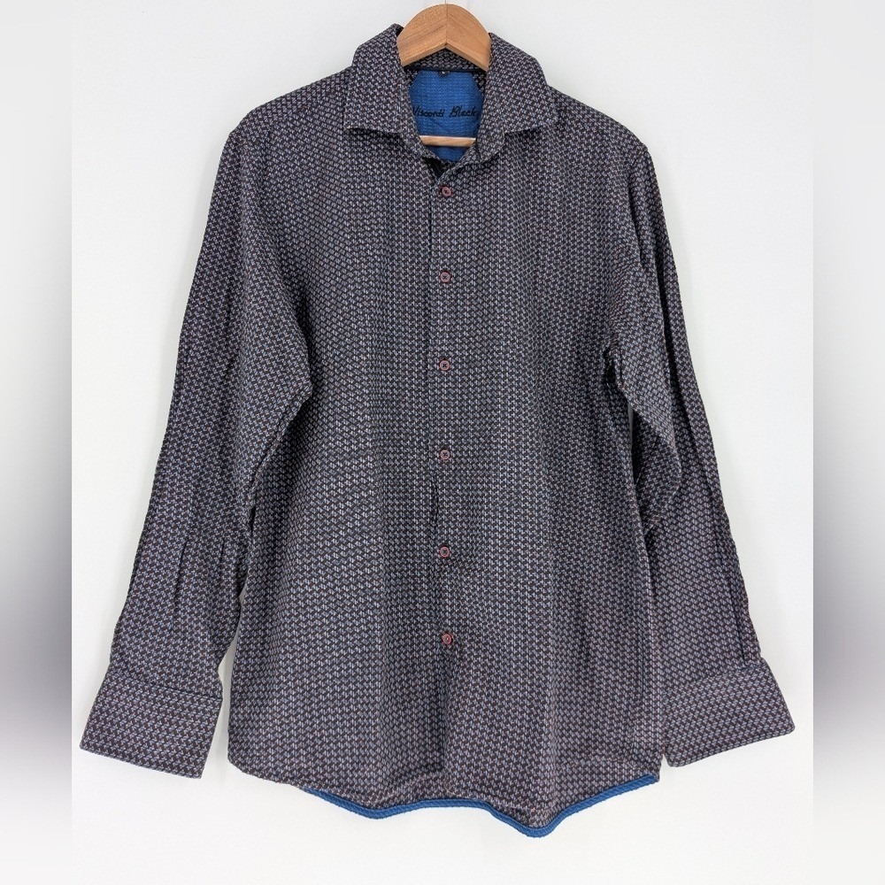 Visconti‎ Black Mens Large Cotton Woven Geometric Button Down Shirt Blue Orange